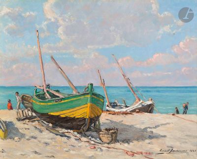 a painting of a boat on the beach by the water
