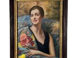 tableau représentant une femme en robe noire tenant un bouquet de fleurs