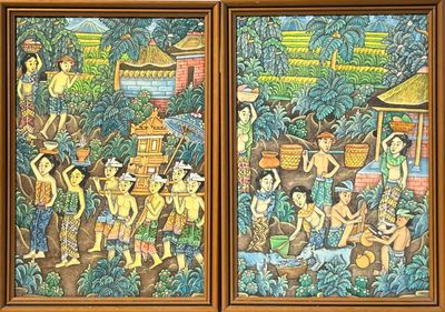 tableau représentant un groupe de personnes dans un jardin, avec un homme et une femme