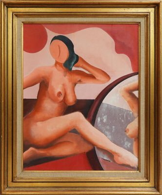 une peinture à l'huile représentant une femme nue assise devant un miroir