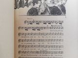 an open book with a drawing of a man on a horse and music notes