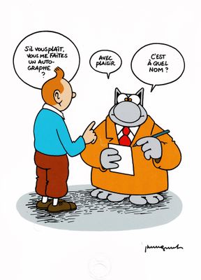 un dessin représentant un homme et un chat en train de se parler