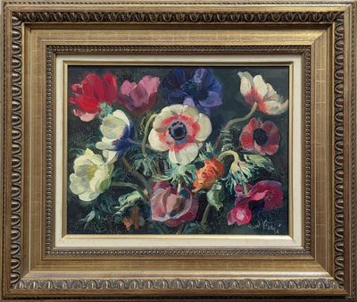 an oil painting of anemonias and other flowers in a gold frame