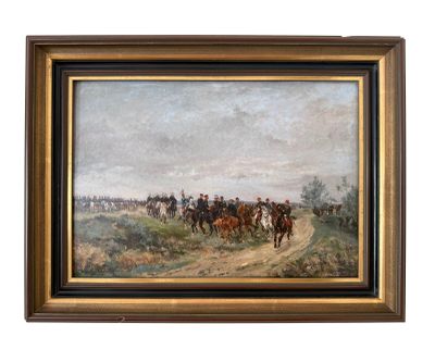 tableau représentant un groupe d'hommes à cheval sur un chemin de terre
