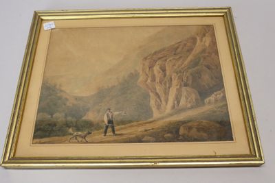 tableau représentant un homme et son chien dans un paysage montagneux