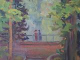 a painting of a park bench in the middle of the woods