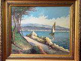 an oil painting of a sailboat on the water near a beach