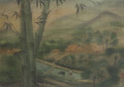 un tableau représentant un paysage avec des bambous et des vaches