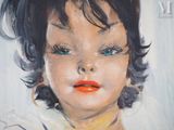 a painting of a little girl with blue eyes and a red lip