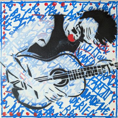 a painting of a man with a guitar in his hand