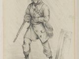 a drawing of a man in a hat and coat holding a rifle