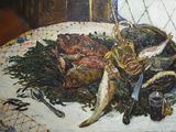 une peinture représentant une assiette de nourriture posée sur une table