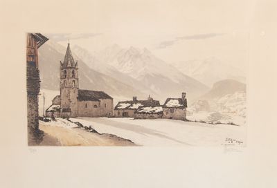 an image of a painting of a village in the mountains