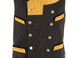 a close up of a black vest with yellow trims and buttons