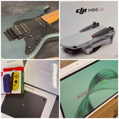 quatre photos différentes d'une guitare, d'une manette Nintendo Wii, d'une manette Nintendo Wii et d'une manette Nintendo Wii