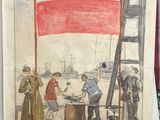 une photo d'un tableau représentant un groupe de personnes sur un bateau