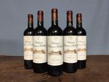 four bottles of red wine are lined up on a wooden table