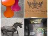 quatre photos différentes représentant une statue de cheval, une table et une boîte