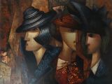 tableau représentant trois femmes coiffées de chapeaux et portant des peignes, devant un rideau
