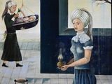 painting of a woman in a blue dress holding a baby in a cradle and another woman in a blue dress holding a baby in a cradle