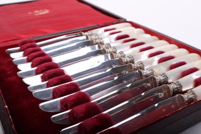 six knives in a red case with velvet lining