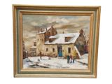 an oil painting of a house in the snow on a white background