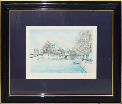 tableau représentant une vue sur une rivière avec un pont en arrière-plan