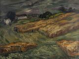 une image représentant un tableau illustrant une scène de vie à la ferme, avec un arc-en-ciel dans le ciel