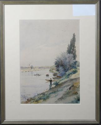 un tableau représentant un homme en train de pêcher au bord d'une rivière, avec des arbres en arrière-plan