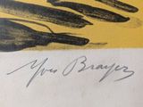 a drawing of a man on a surfboard on a yellow background
