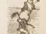 dessin représentant un homme tombant de cheval dans un champ