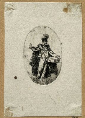 un vieux dessin représentant un homme à moto avec un panier sur le dos