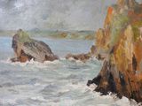 a painting of a rocky cliff by the ocean