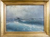 une peinture à l'huile représentant un bateau sur une mer agitée, avec des vagues