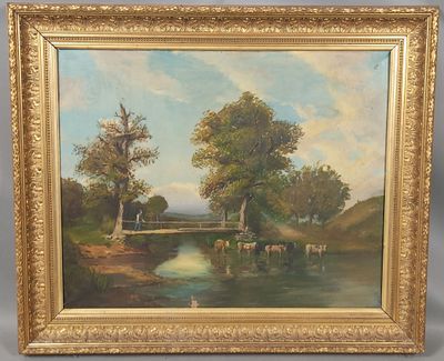 une peinture à l'huile représentant des vaches au bord d'une rivière, avec un pont en arrière-plan
