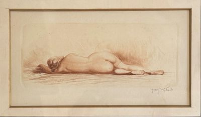 dessin représentant une femme nue allongée sur le dos sur un lit