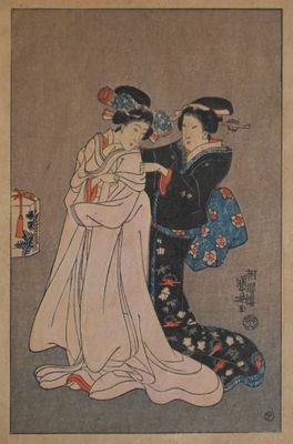 une image représentant un tableau où figurent deux femmes vêtues de kimonos