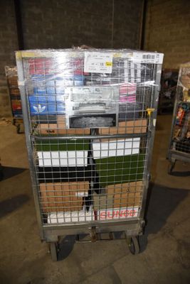a metal cart with boxes on top of it in a warehouse