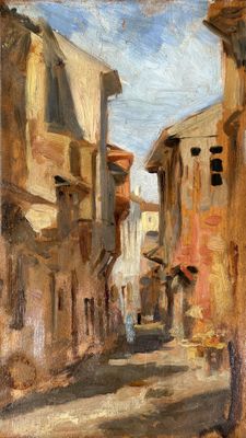 une peinture à l'huile représentant une scène de rue avec des bâtiments et une personne tenant un parapluie