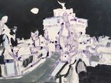 un tableau représentant des personnes marchant sur un pont la nuit