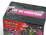 a box of pokemon trading cards with a purple and black design