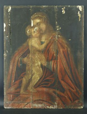 un vieux tableau représentant un homme tenant un chien sur ses genoux