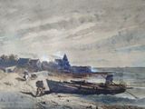 a painting of a boat on the beach by the water