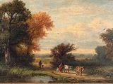 tableau représentant un paysage avec du bétail et des personnes sur un sentier au bord d'un ruisseau
