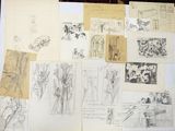 a lot of drawings on a table with a lot of papers