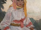 une peinture à l'huile représentant une femme en robe blanche assise sur un rocher