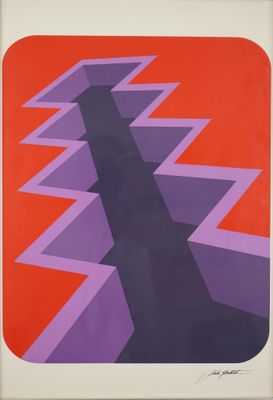 an image of a painting of a cross on a red and purple background