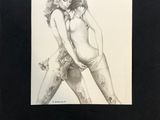 a black and white drawing of a woman with a tattoo on her arm