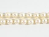 a close up of a strand of white pearls on a white surface