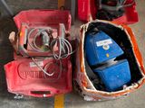 two red boxes with blue and yellow items in them